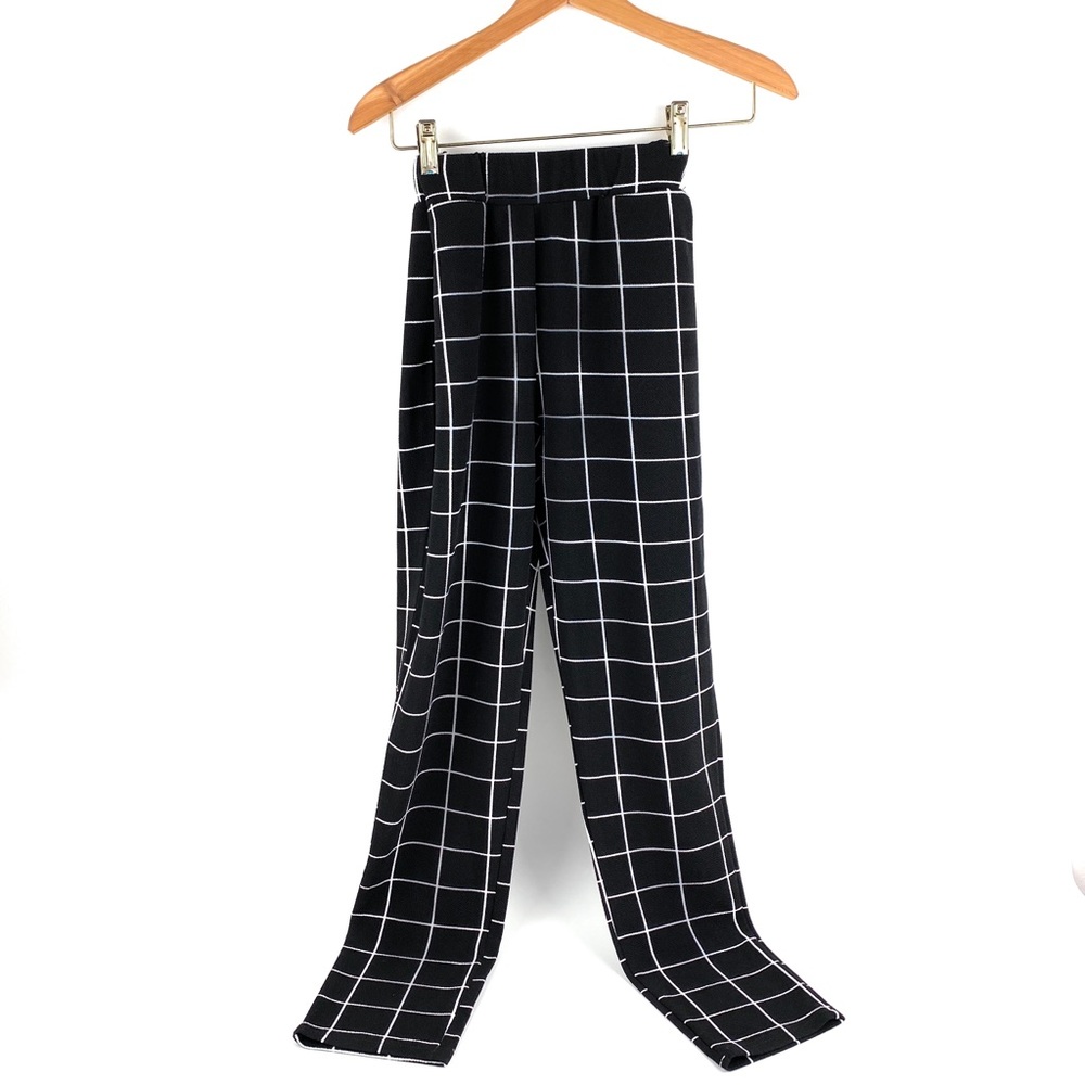 Elastic Waist Black Slant Pocket Grid Pants